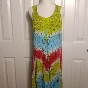 Vibrant Multicolor Boho Styled Tie-Dye Swim Coverup Dress With Embroider Detail